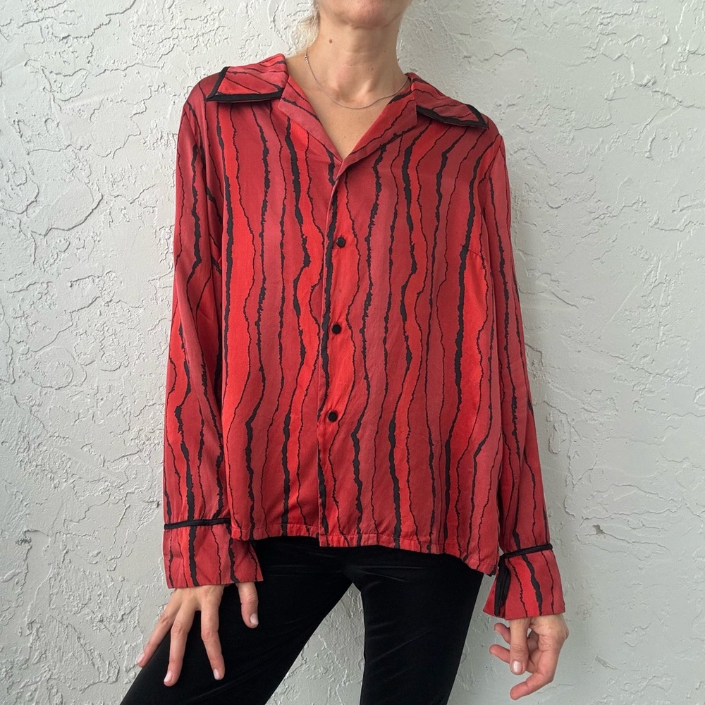 Vintage Nolan Miller 100% Silk Red Black Print Blouse Size Large